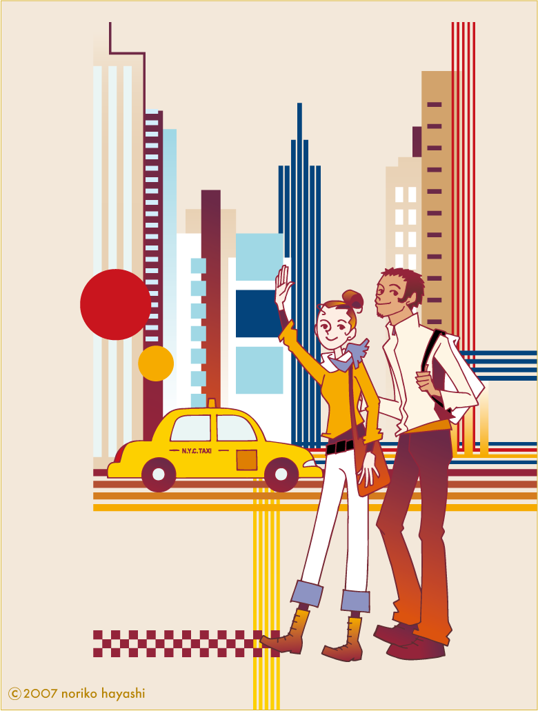 イラストはニューヨークのストリートイメージ。摩天楼とイエローキャブ。手を挙げてタクシーをつかまえる彼女と彼。