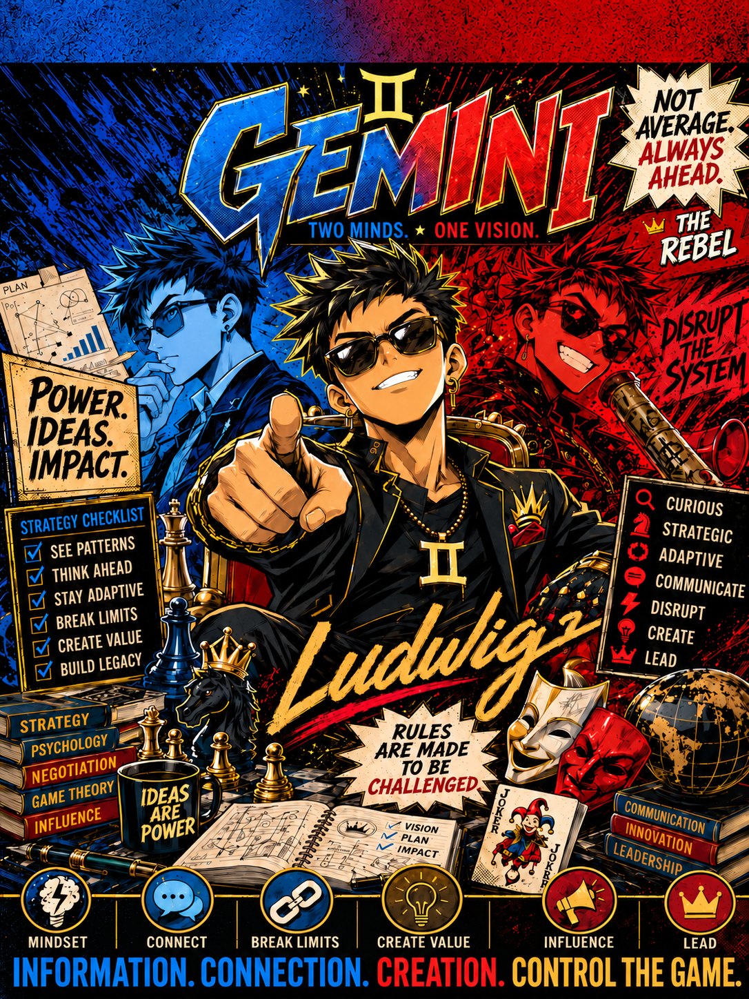 Ludwig Cheung 主視覺海報：藍紅雙色漫畫風，中央人物與 GEMINI、Ludwig 字樣