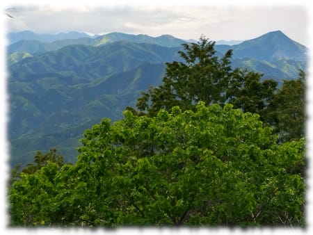 奥武蔵・飯盛山（竜ヶ谷富士）から武甲山、大持山を望む。武甲山奥の右端は甲武信岳、遠方左端は雲取山（らしい）。中景は武川岳。