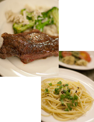 地元のお肉のステーキとパスタ